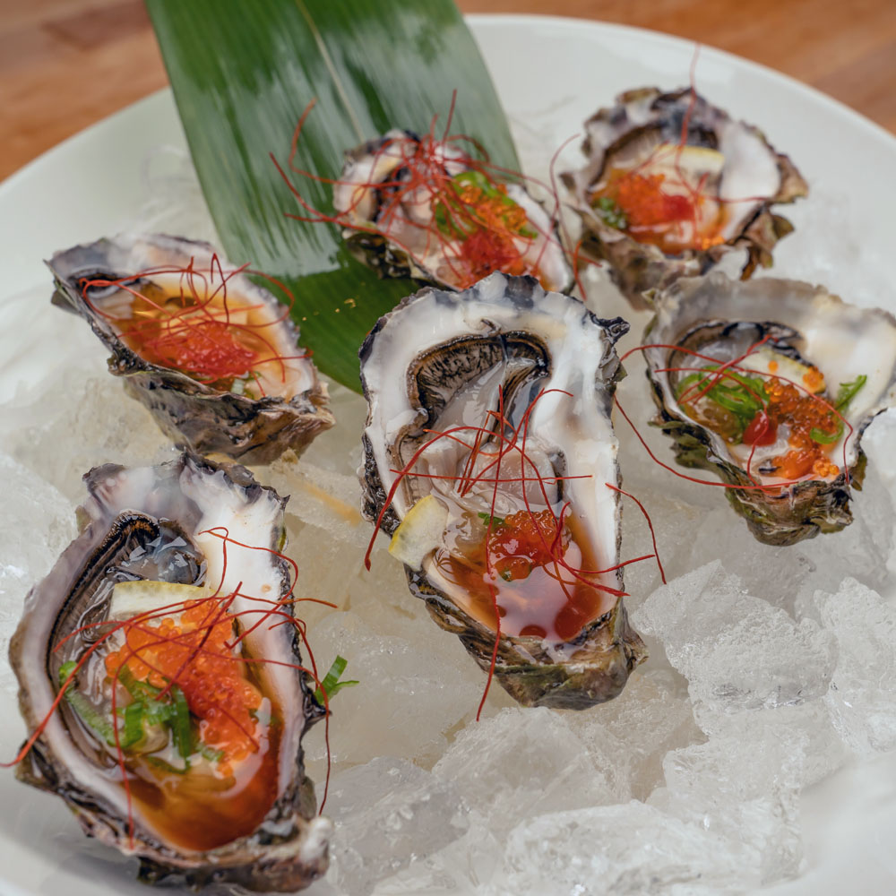 Half dozen fresh oysters served on ice with garnish.
